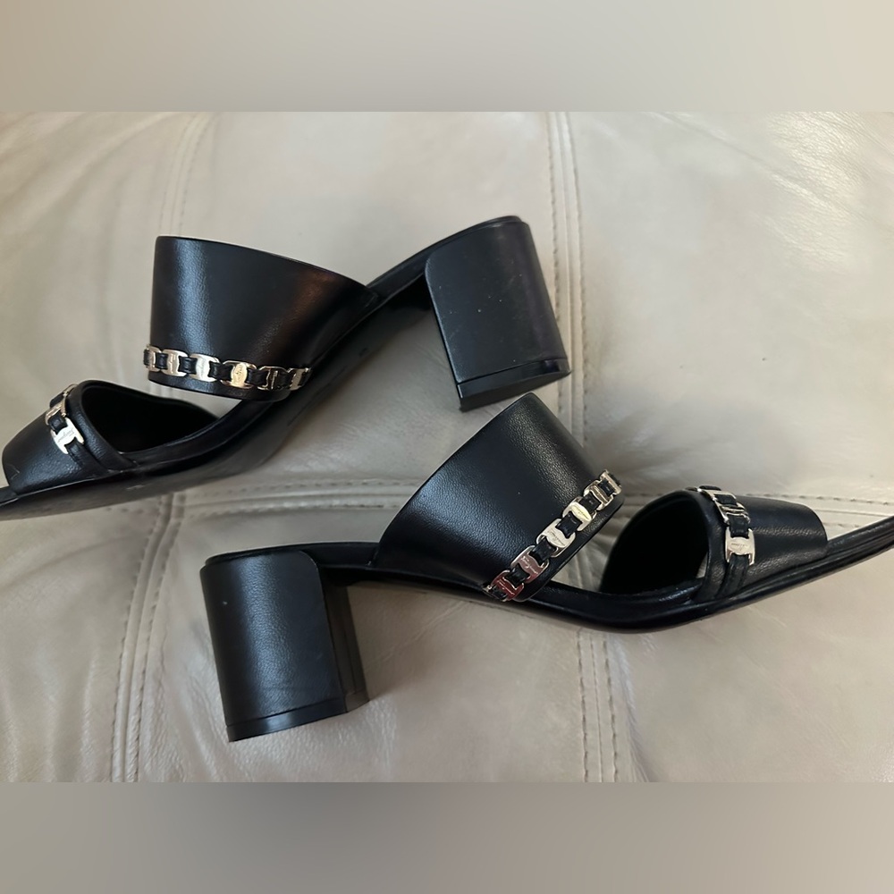 Salvatore Ferragamo Black Heeled Sandals with Chain Accents 7.5